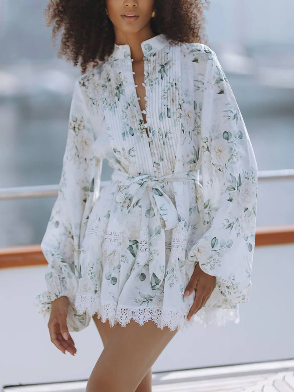 Elegant Floral Print Lace Trim Linen Mini Dress White