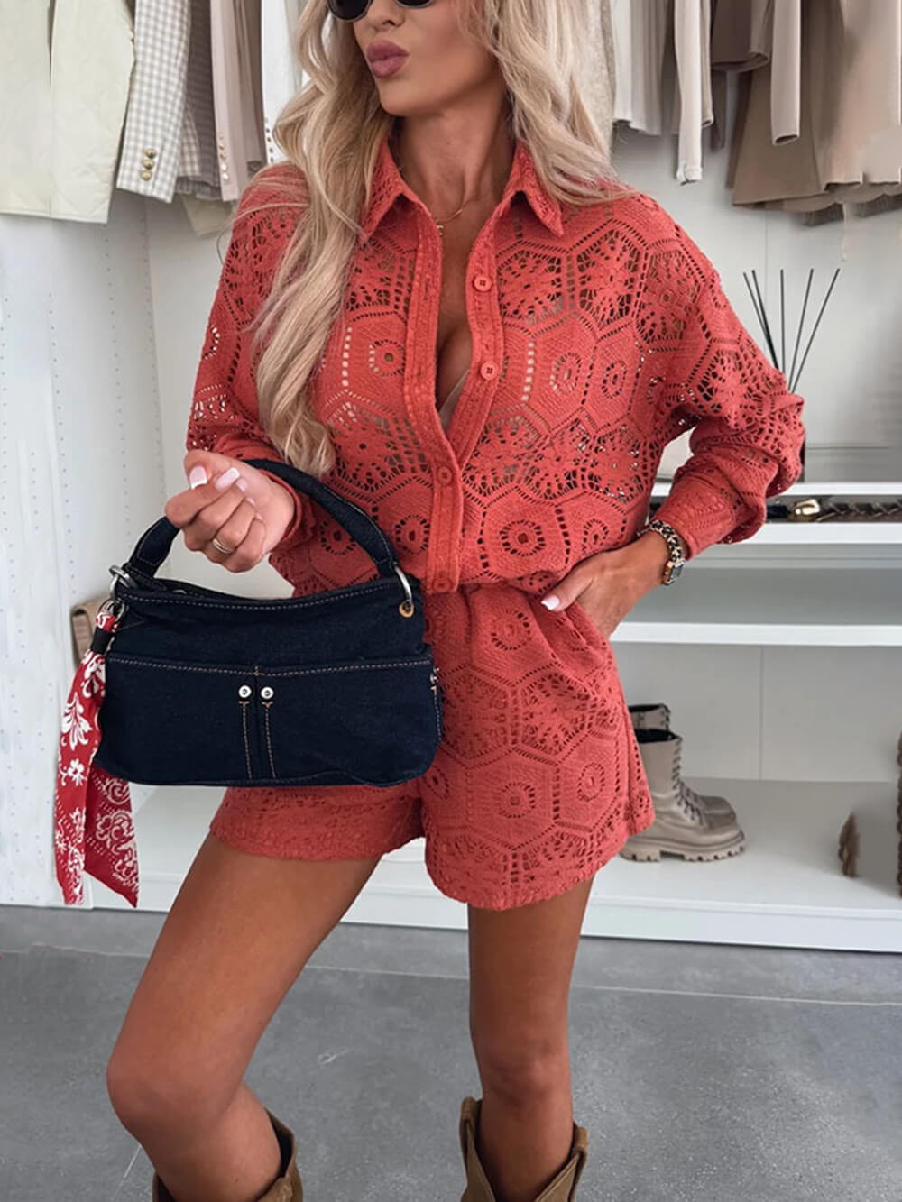 Casual Style Lapel Single-Breasted Stand-Up Collar Top Lace Shorts Set Brick Red