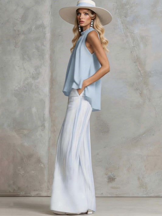 Elegant Sleeveless Top & Striped Wide-Leg Pants Set