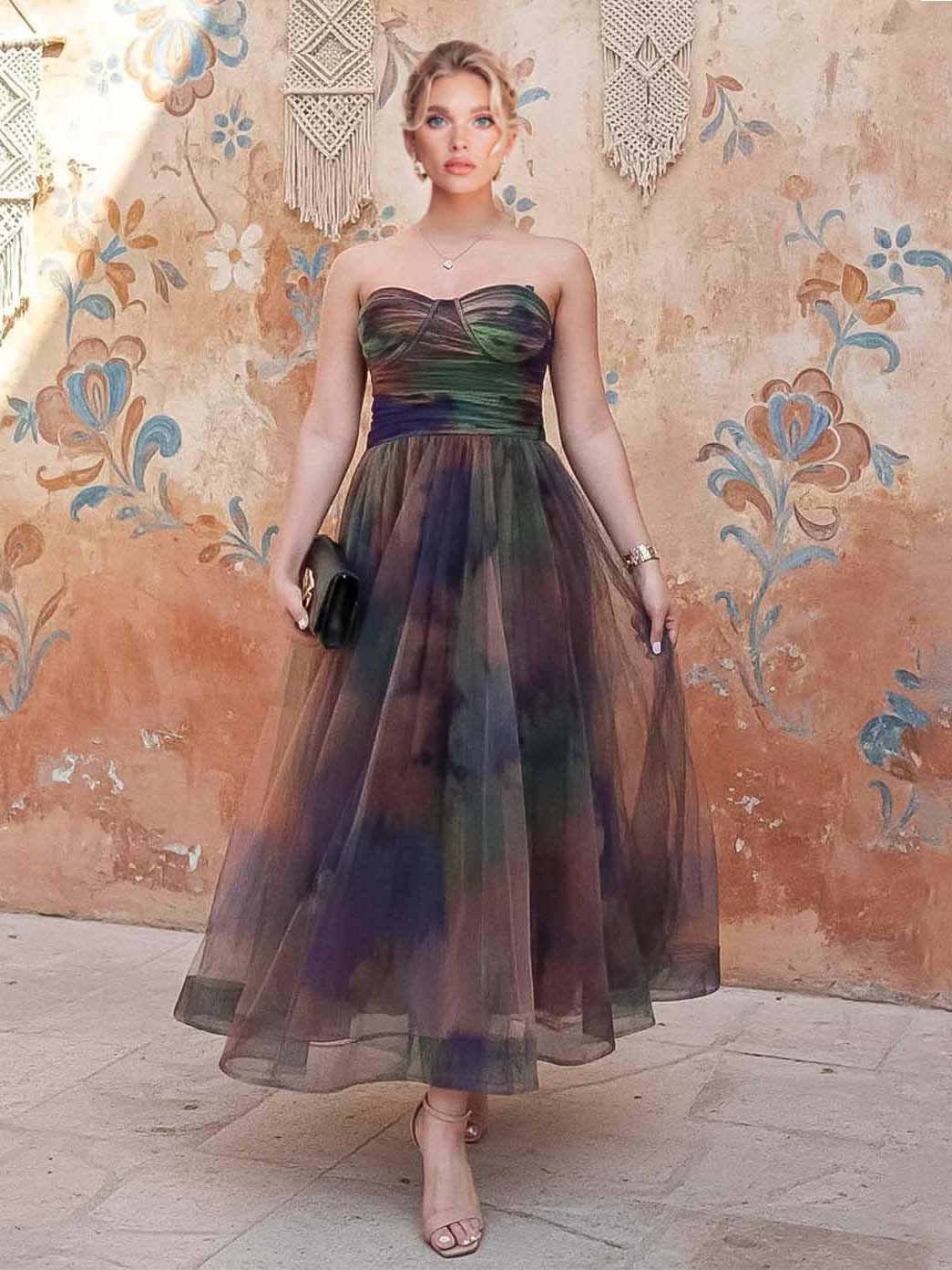 Elegant Strapless Gradient Tulle Midi Dress Multi