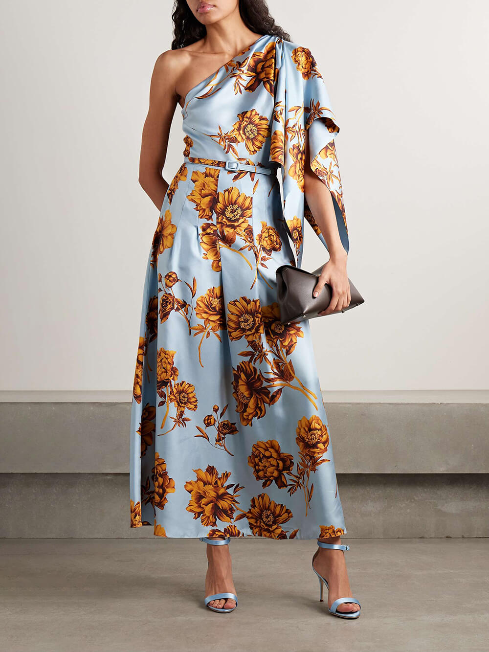 Delicate One-Shoulder Belted Draped Floral-Print Satin Maxi Dress Light Blue