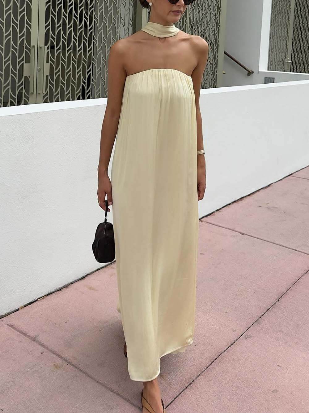 Delicate Satin Strapless Tie-Halter Maxi Dress Apricot
