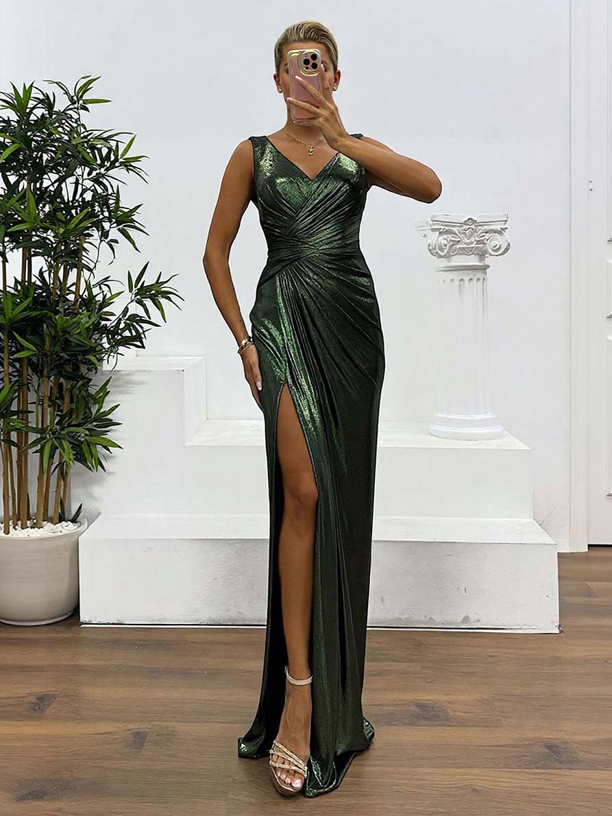 Elegant V-neck Draped Evening Gown Maxi Dress Green