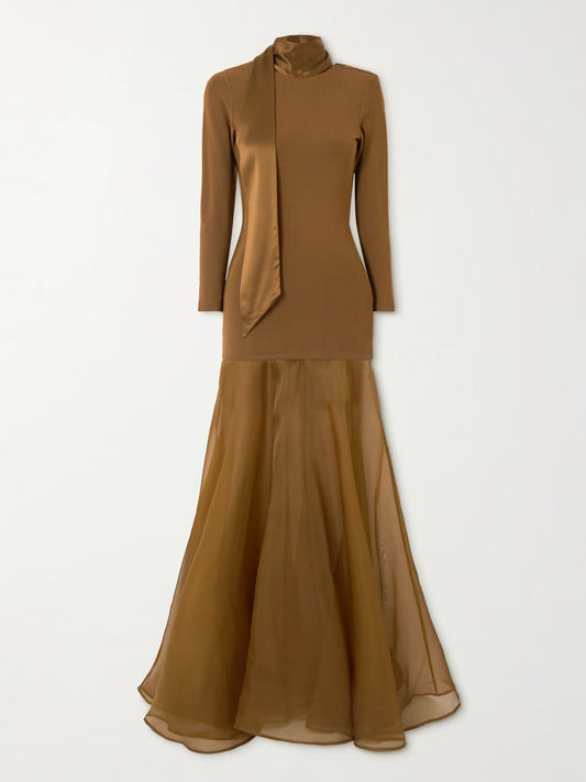 Elegant Long-sleived Stretch-thread Mesh Flowy Maxi Dress