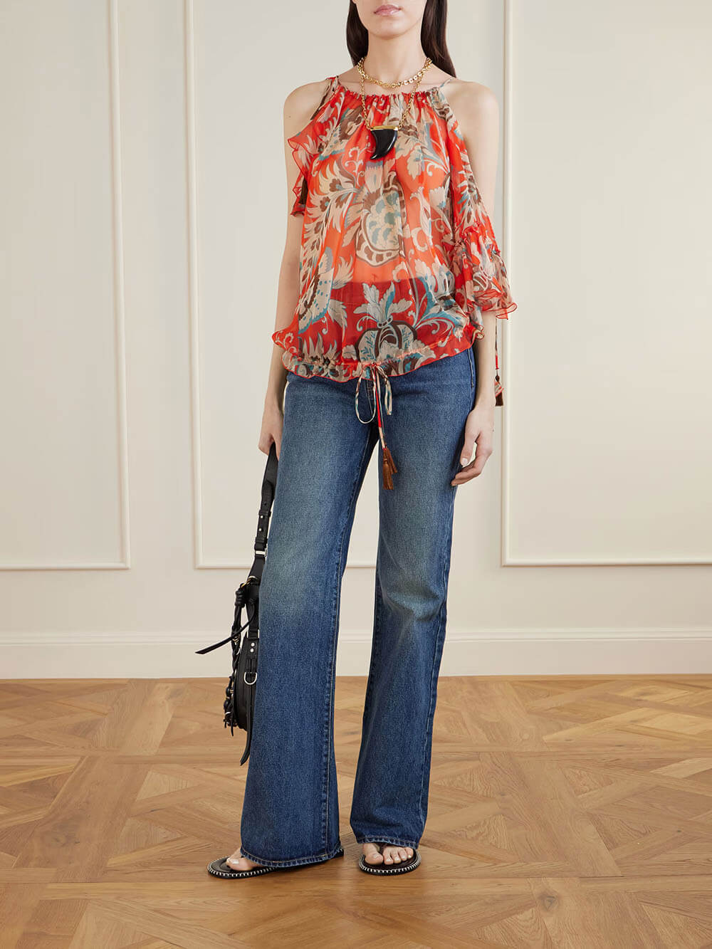 Modern Off-Shoulder Asymmetric Fringe Ruffle Printed Chiffon Blouse