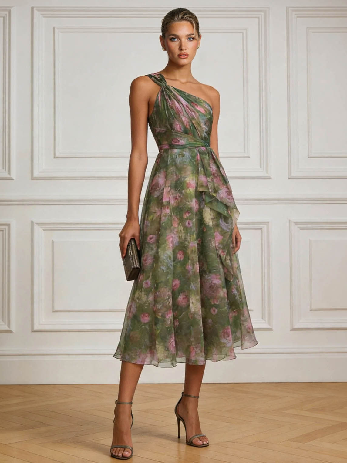 Elegant Floral Print One-Shoulder Chiffon Ruffle Midi Cocktail Dress Green