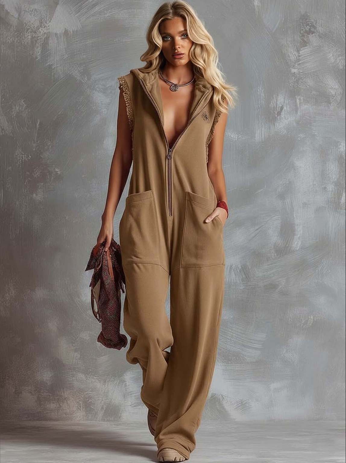 Retro Hooded V-Neck Zip-Front Jumpsuit Khaki
