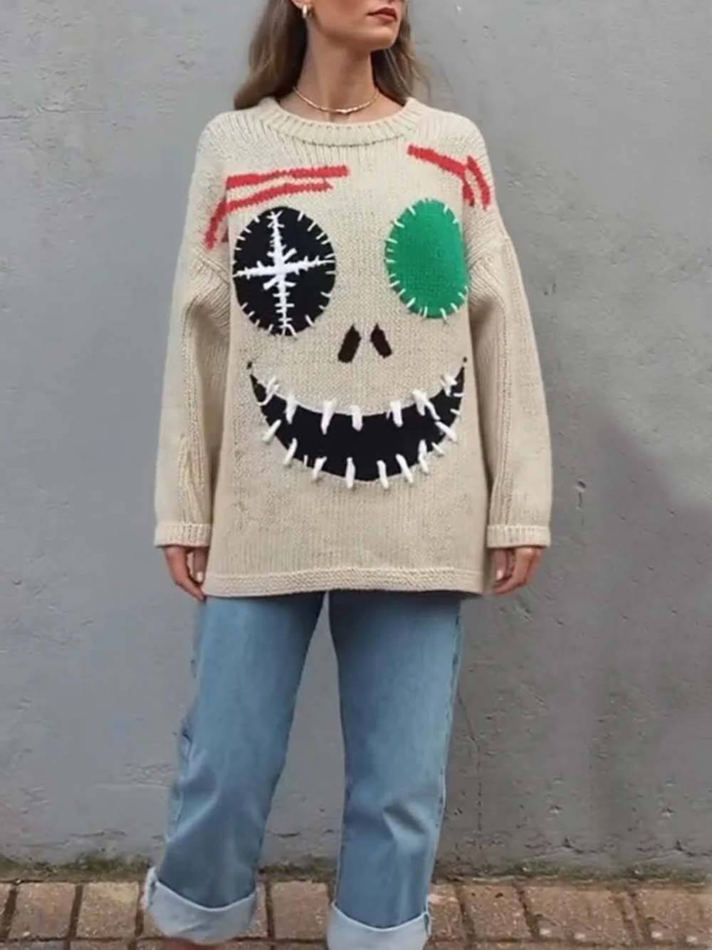 Graffiti Evil Smile Oversized Sweater Beige