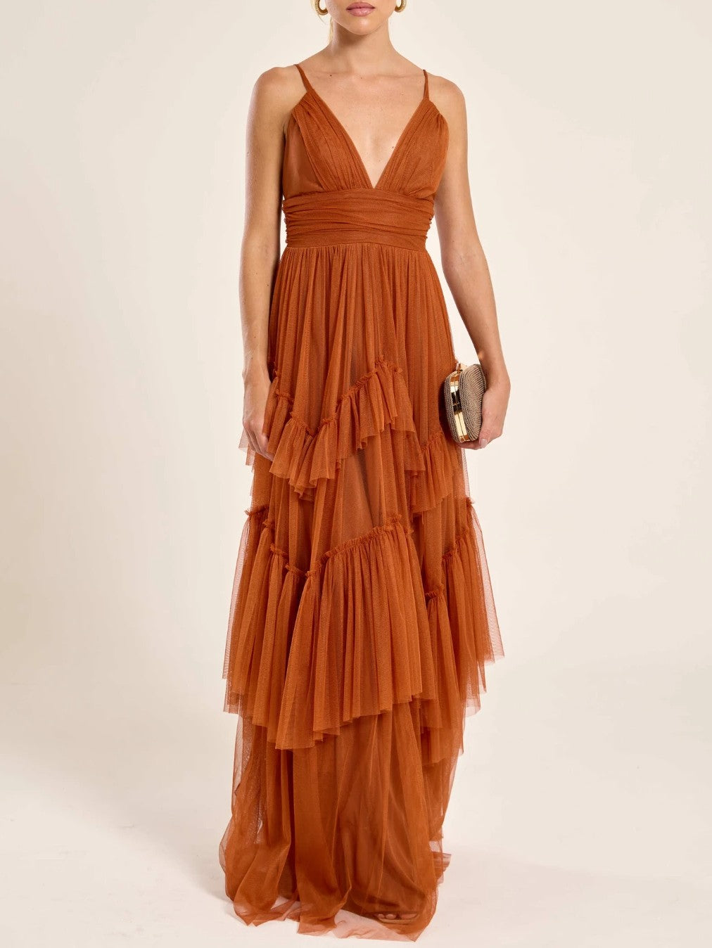 Elegant Deep V-Neck Tiered Tulle Maxi Dress Brick Red