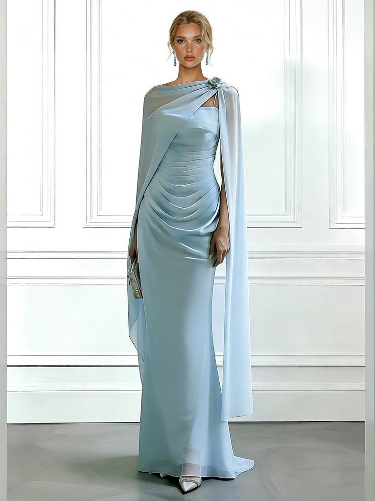 Elegant Satin Chiffon Boat Neck Shawl Fitted Maxi Dress Blue