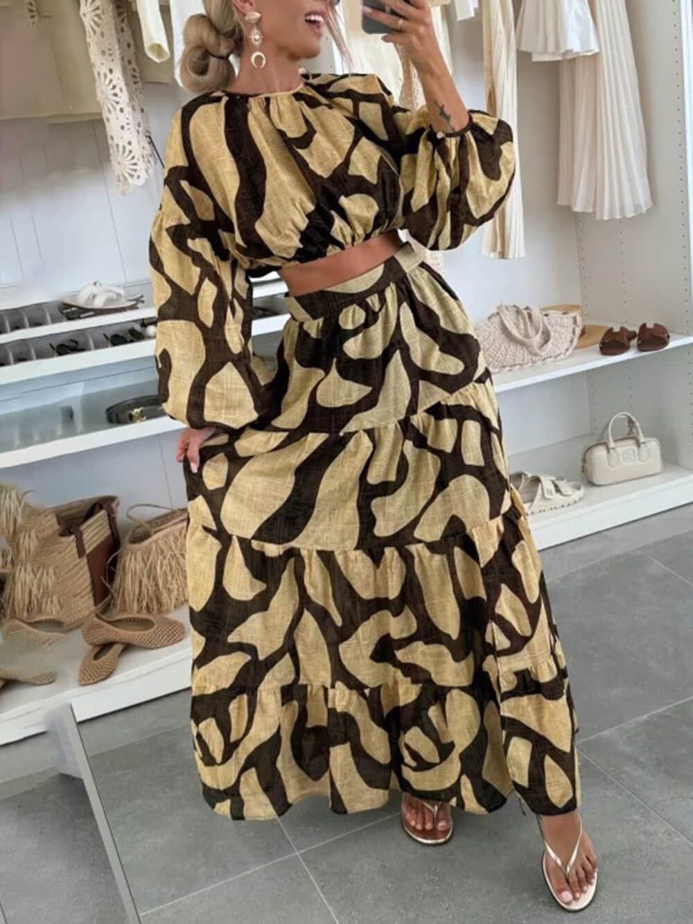 Effortless Artistry Printed Linen High-Waist Maxi Skirt