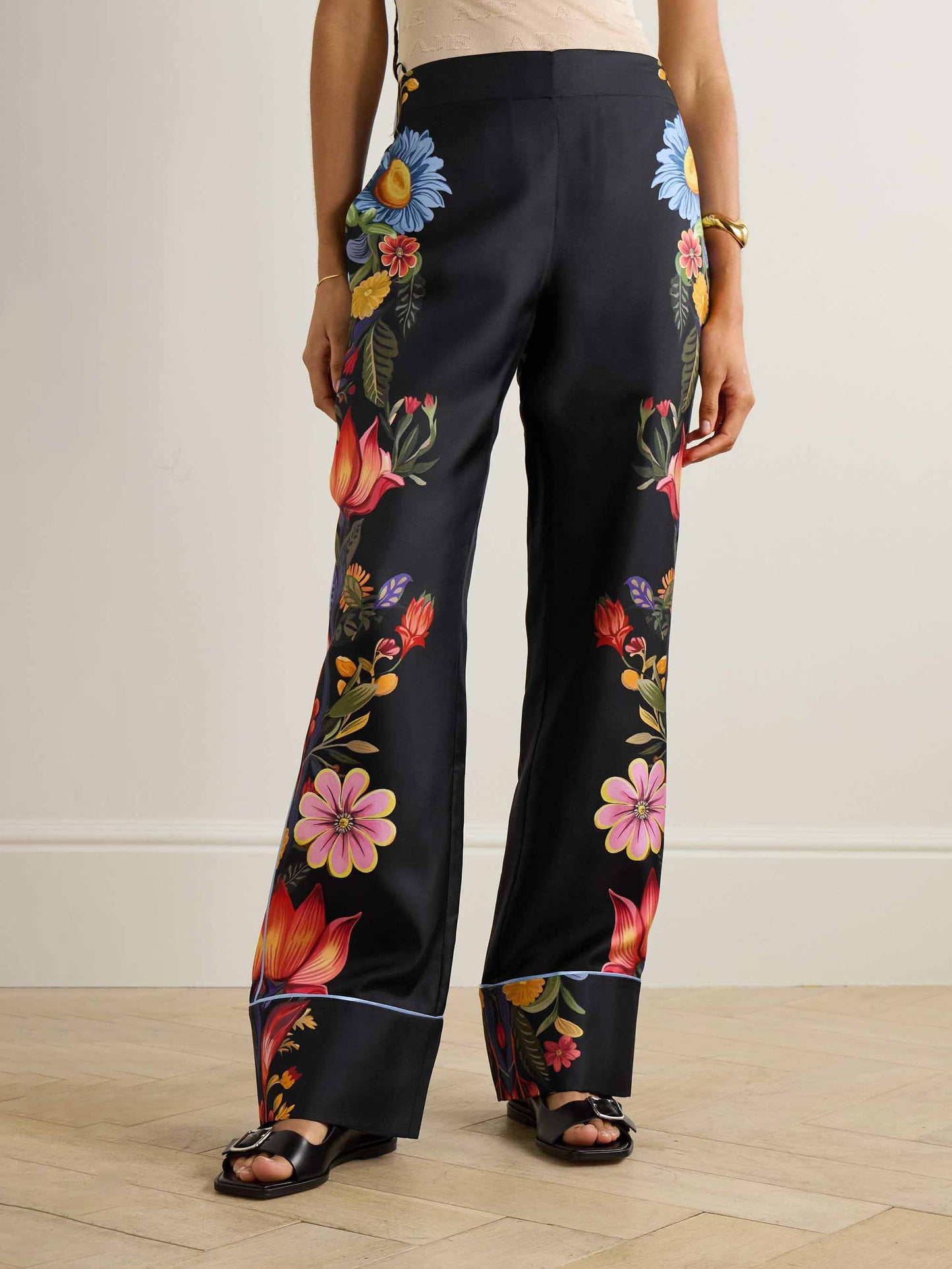 Exquisite Satin Floral Print Contrast Piping Wide-Leg Pants Black