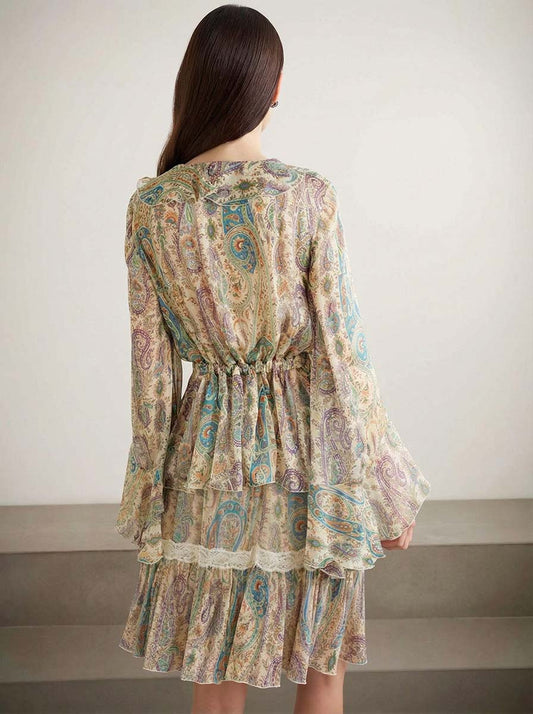 Exquisite Paisley Print Lace Trim Skirt