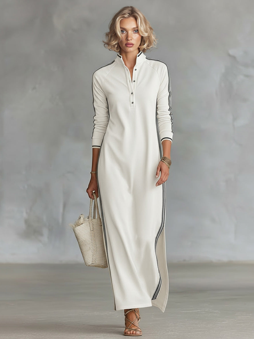 Sporty Chic Striped-Trim Maxi Dress White