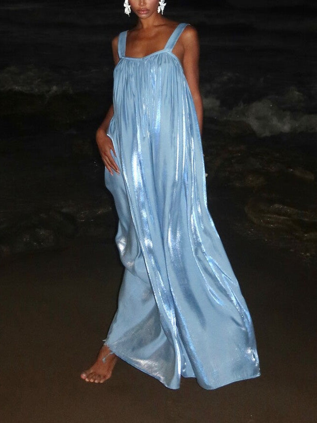 Elegant Satin Square Neckline Flowing Pleated Halter Dress