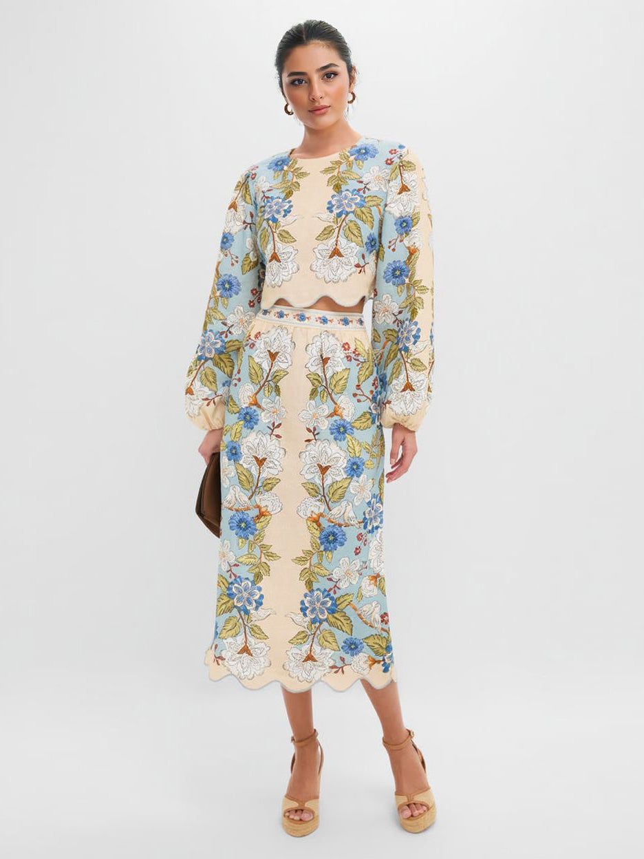 Retro Floral Embroidered Midi Skirt Multi Set