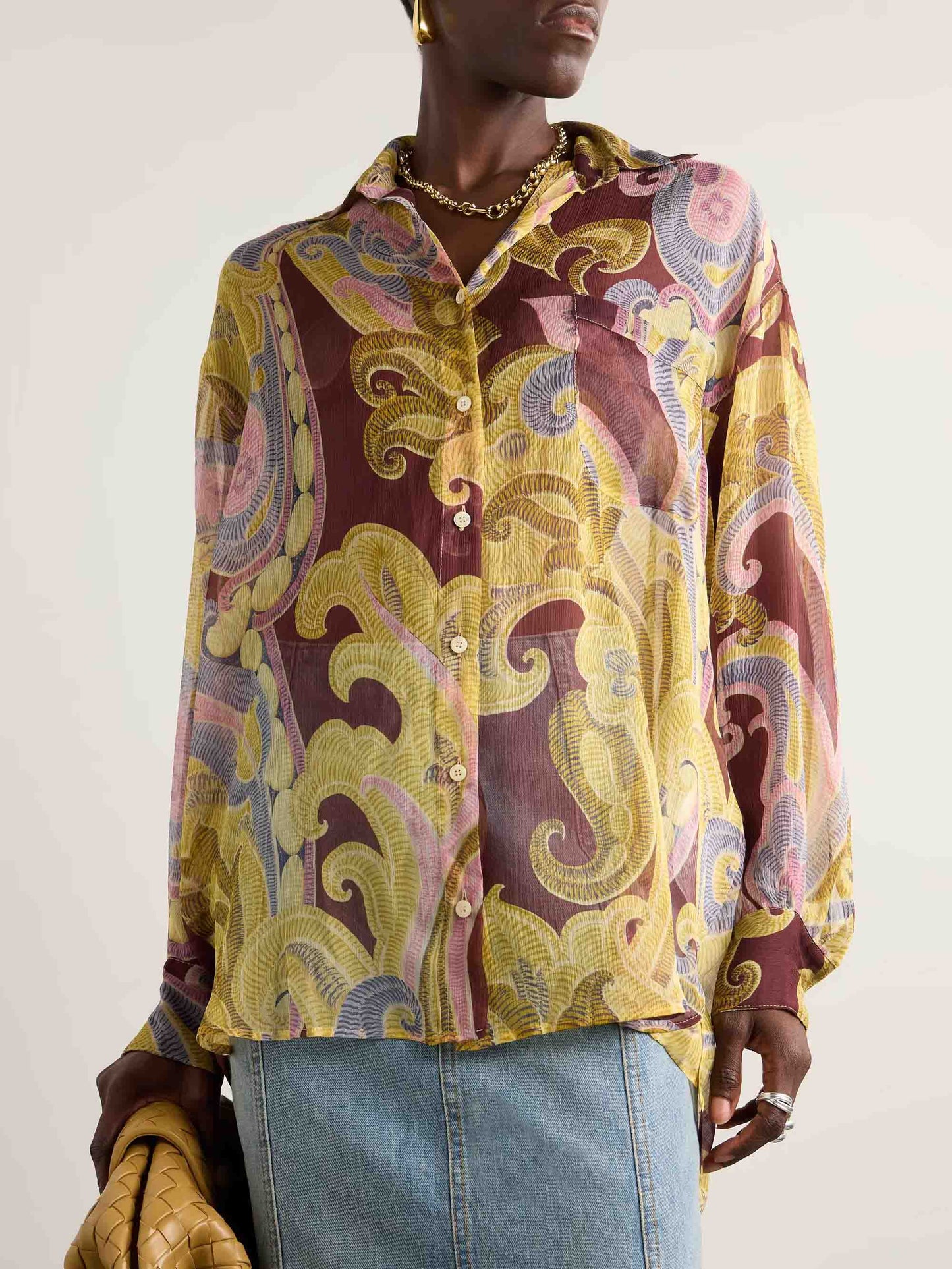 Exquisite Vintage Plley Print Chiffon Shirt Multi
