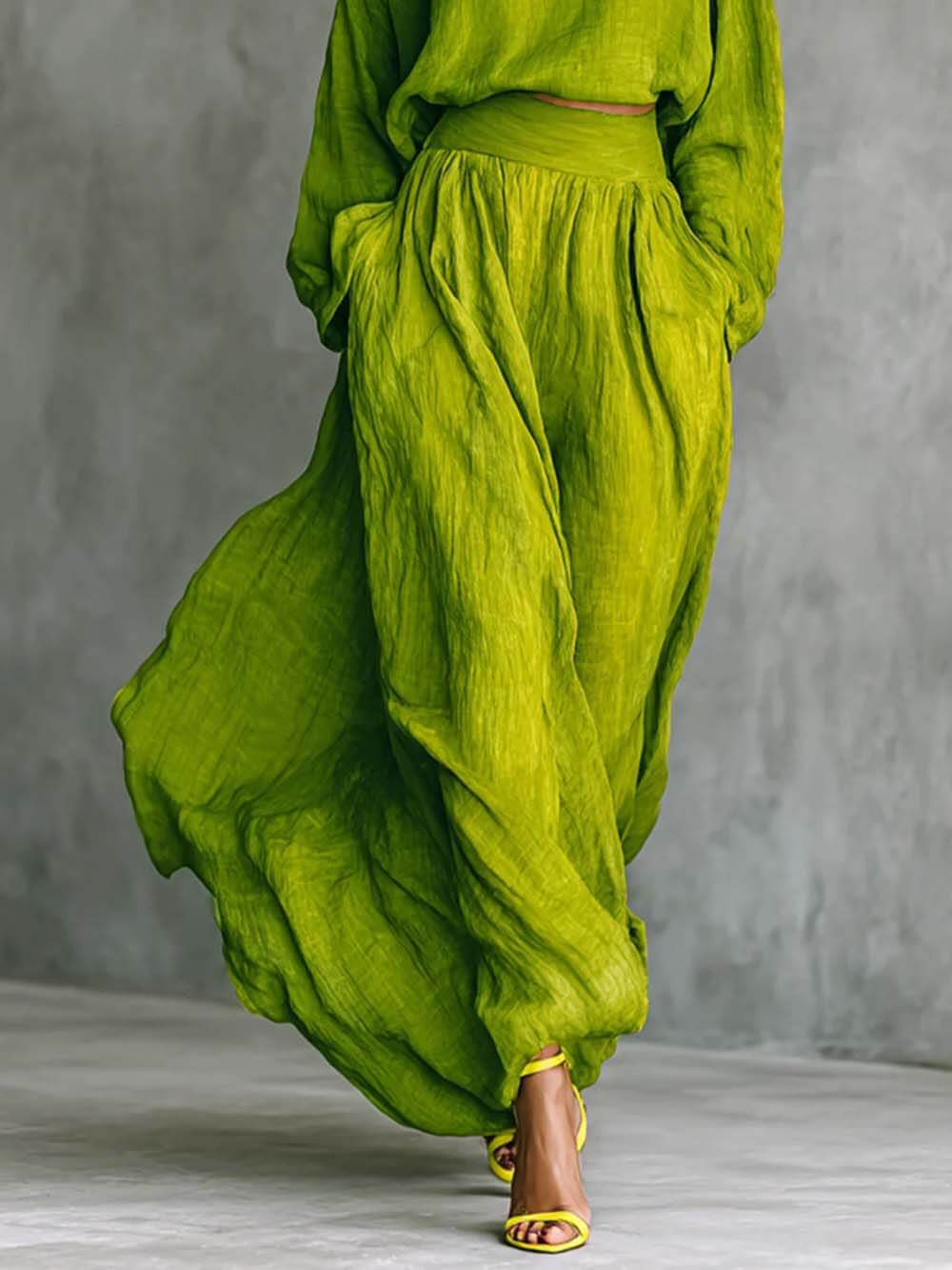 Casual Green Pleated High-Waist Pocket Skirt Green