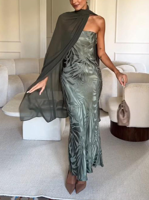 Elegant Satin Jacquard Strapless Maxi Dress Dark Green