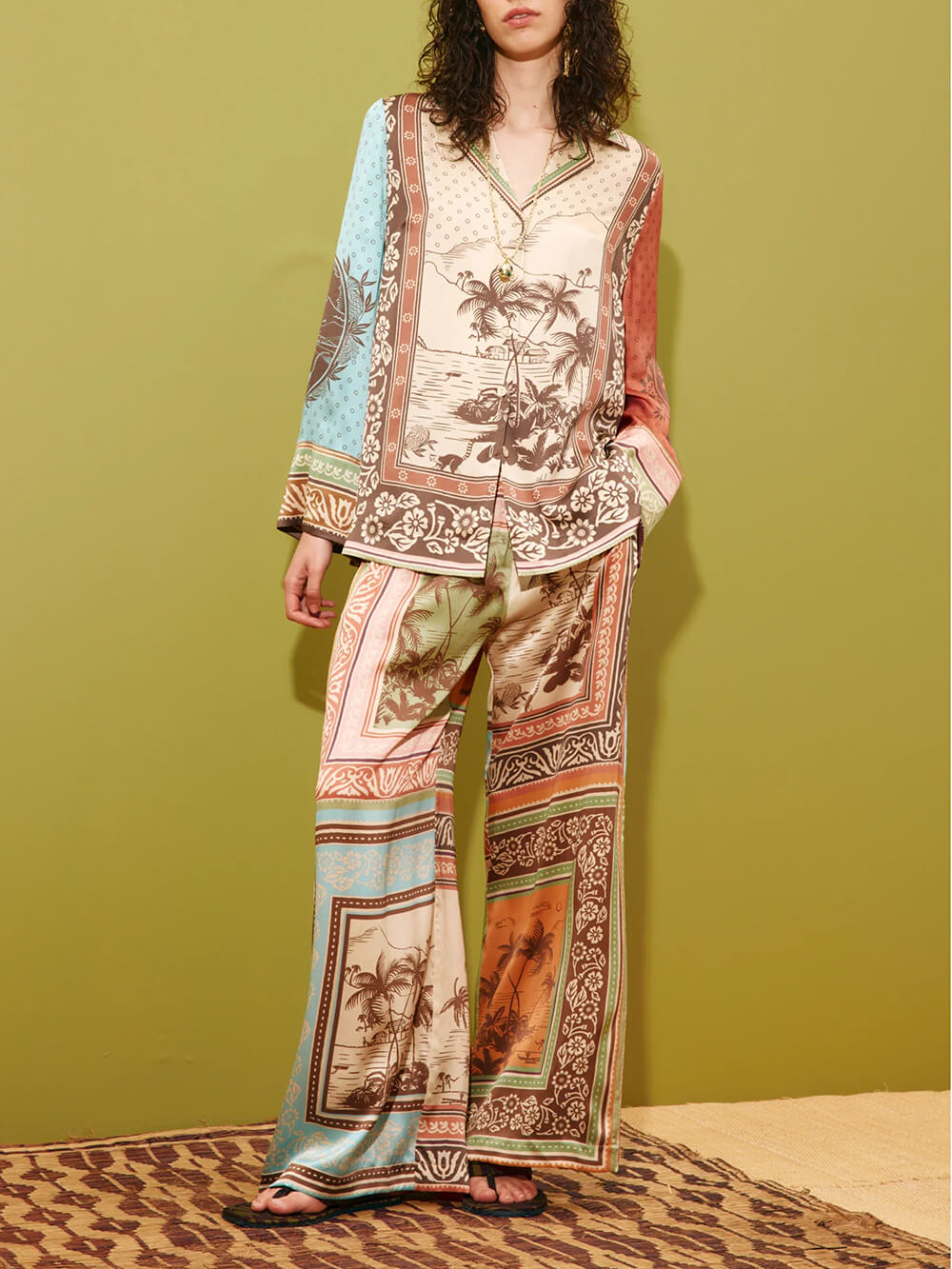 Unique Satin Floral Print Button-Up Shirt with Elastic Waist Pockets And Wide-Leg Pants Set Multicolor Set