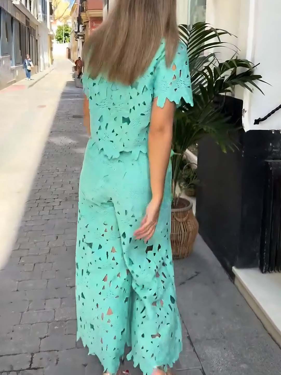 Casual Cutout Lace Shirt & Wide-Leg Pants Two-Piece Set