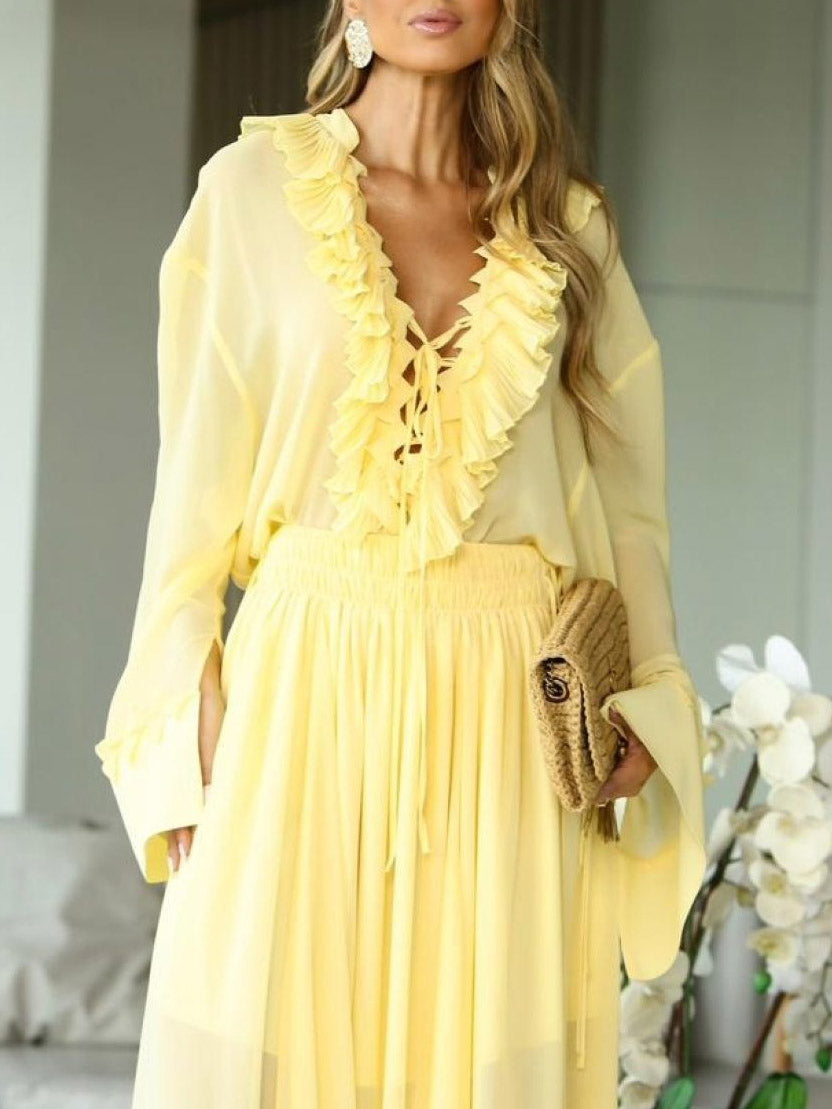 Elegant Ruffled V-Neck Chiffon Blouse Yellow