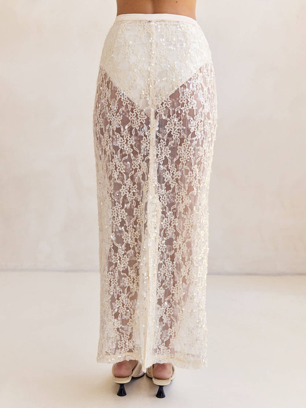 Elegant Sheer Sequin Lace High-Waist Maxi Skirt