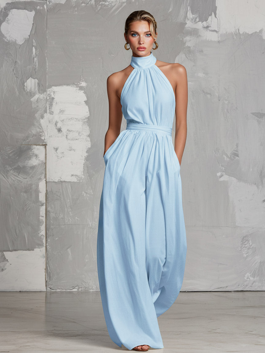 Bohemian Style Backless Jumpsuit Blue
