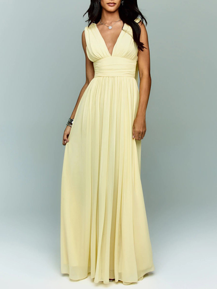 Elegant Chiffon Backless Ruched Maxi Dress Yellow