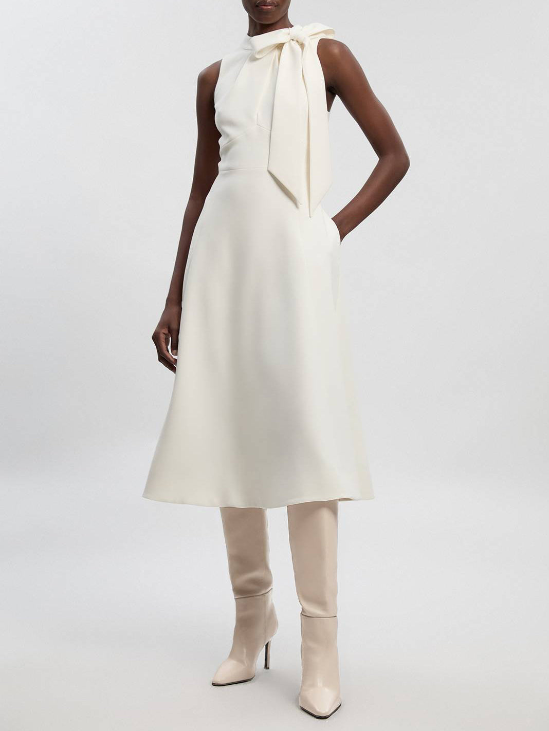 Elegant Sleeveless Bow Detail A-Line Midi Dress Cream
