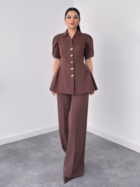 Elegant Puff Sleeve Top And Straight-Leg Trousers Two-Piece Set Brown