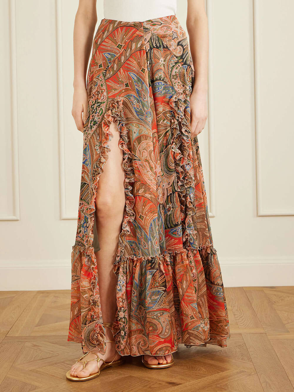 Exquisite Floral Print Ruffle Slit Maxi Skirt Orange