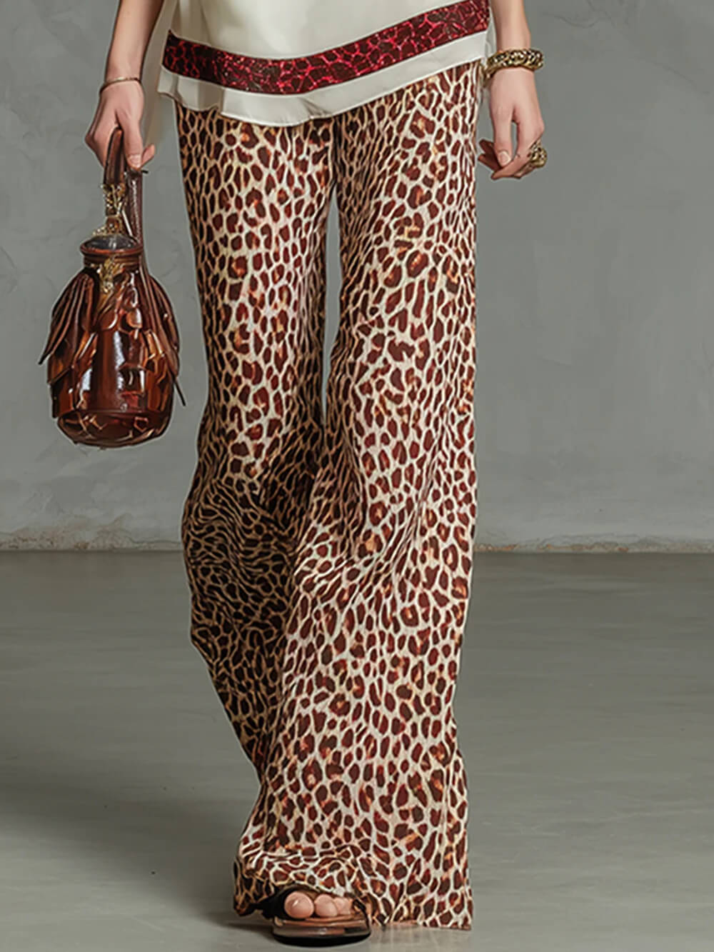 Fashion Leopard Print Chiffon Top And Elastic Waist Wide-Leg Pants Set