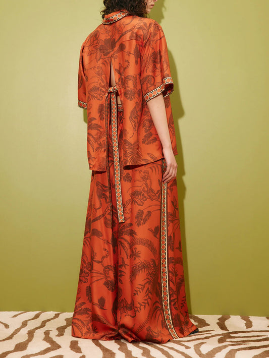 Unique Animal Print Satin Back-Slit Tie Shirt And Elastic-Waist Pocket Wide-Leg Pants Set