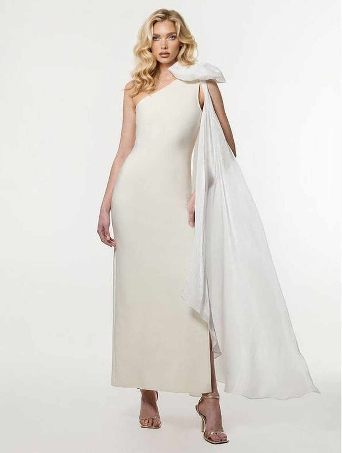 Elegant Tulle Bow Cape One-Shoulder Maxi Dress White