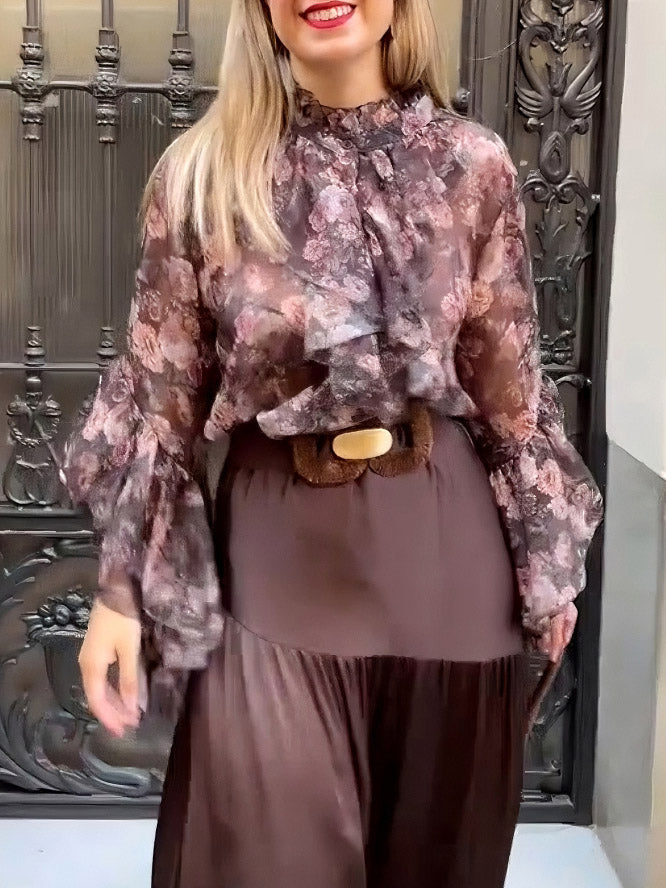 Elegant Floral Ruffled Chiffon Shirt And Skirt Two-piece Set Brown Top