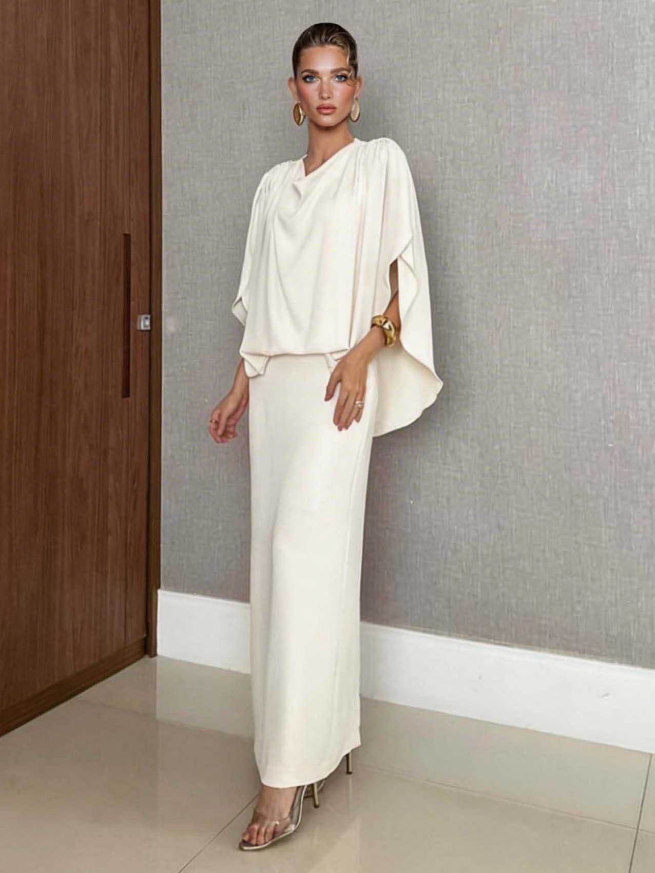 Elegant Cream Draped Cape Sleeve Maxi Dress Cream