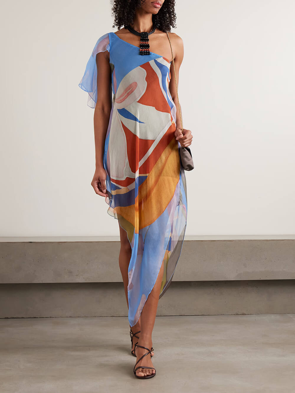 Unique One-Shoulder Asymmetrical Print Chiffon Midi Dress Multicolor