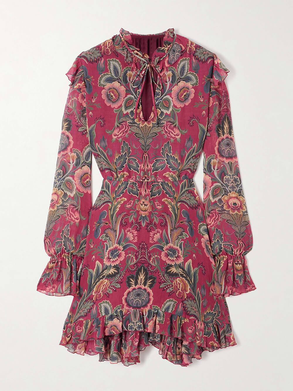 Boho Ruffle Trim Printed Crinkled Mini Dress