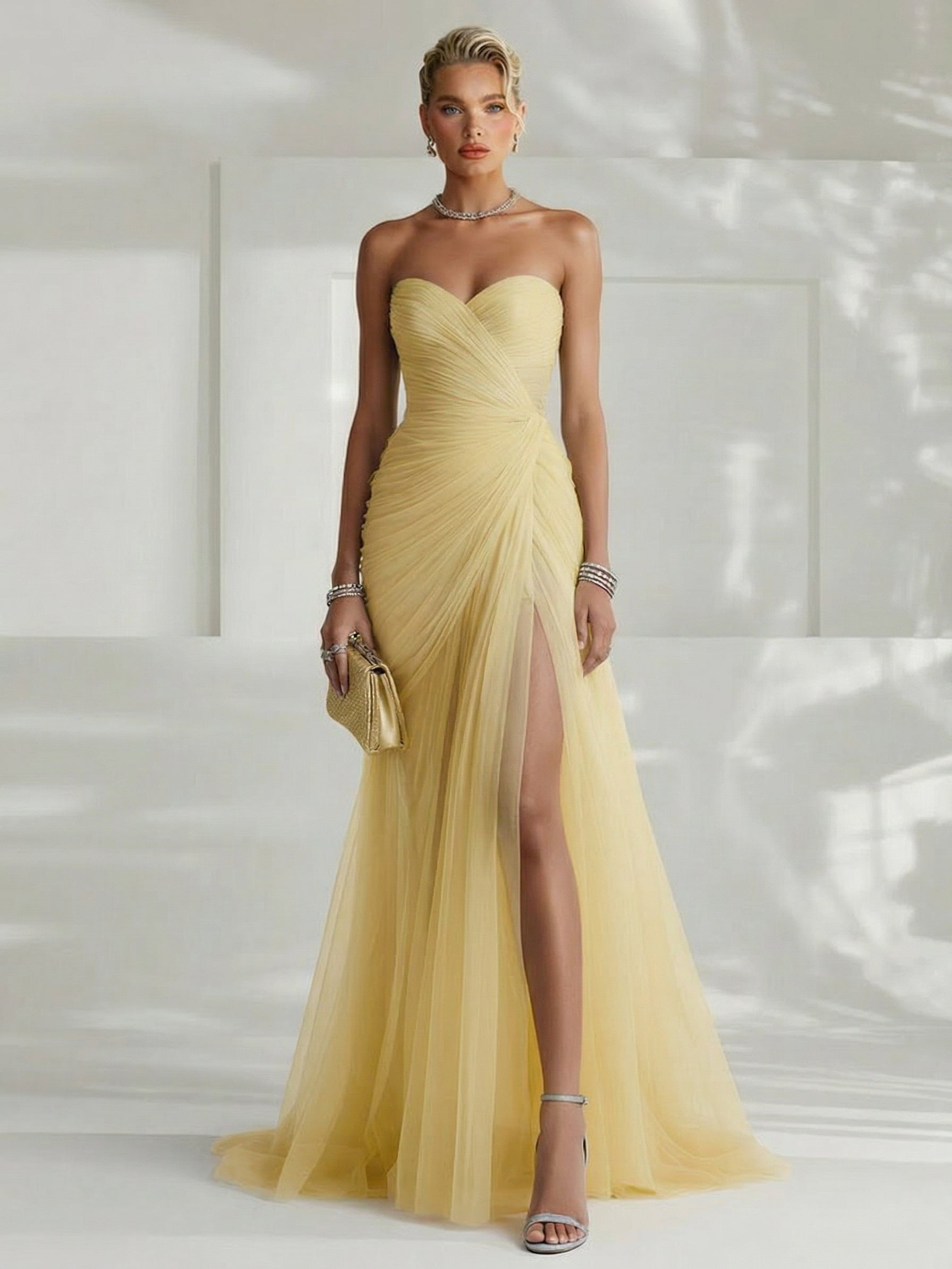 Elegant Yellow Strapless Pleated Tulle Maxi Dress Yellow