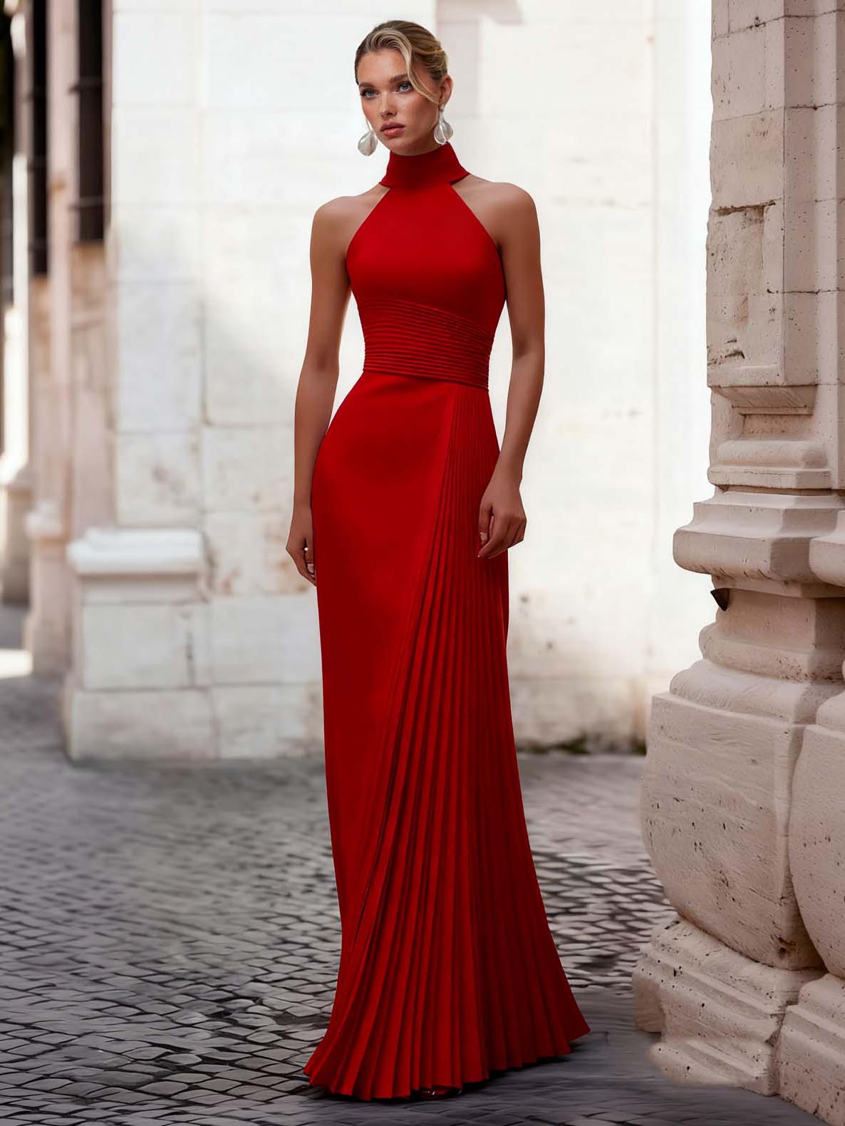 Elegant Halter Pleated Maxi Dress Red