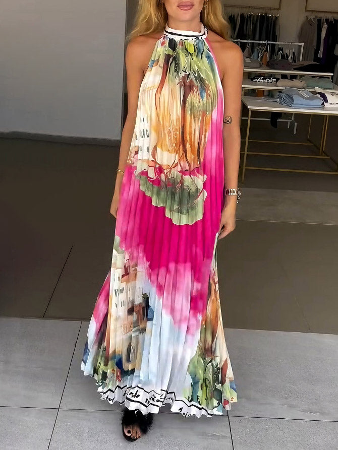 Unique Abstract Landscape Print Pleated Maxi Dress Pink