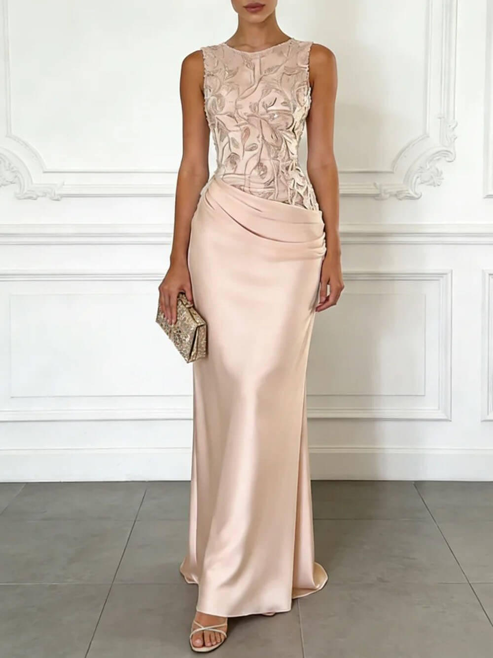 Elegant Light Pink Embroidery Satin Crew Neck Sleeveless Sheath Maxi Dress Light Pink