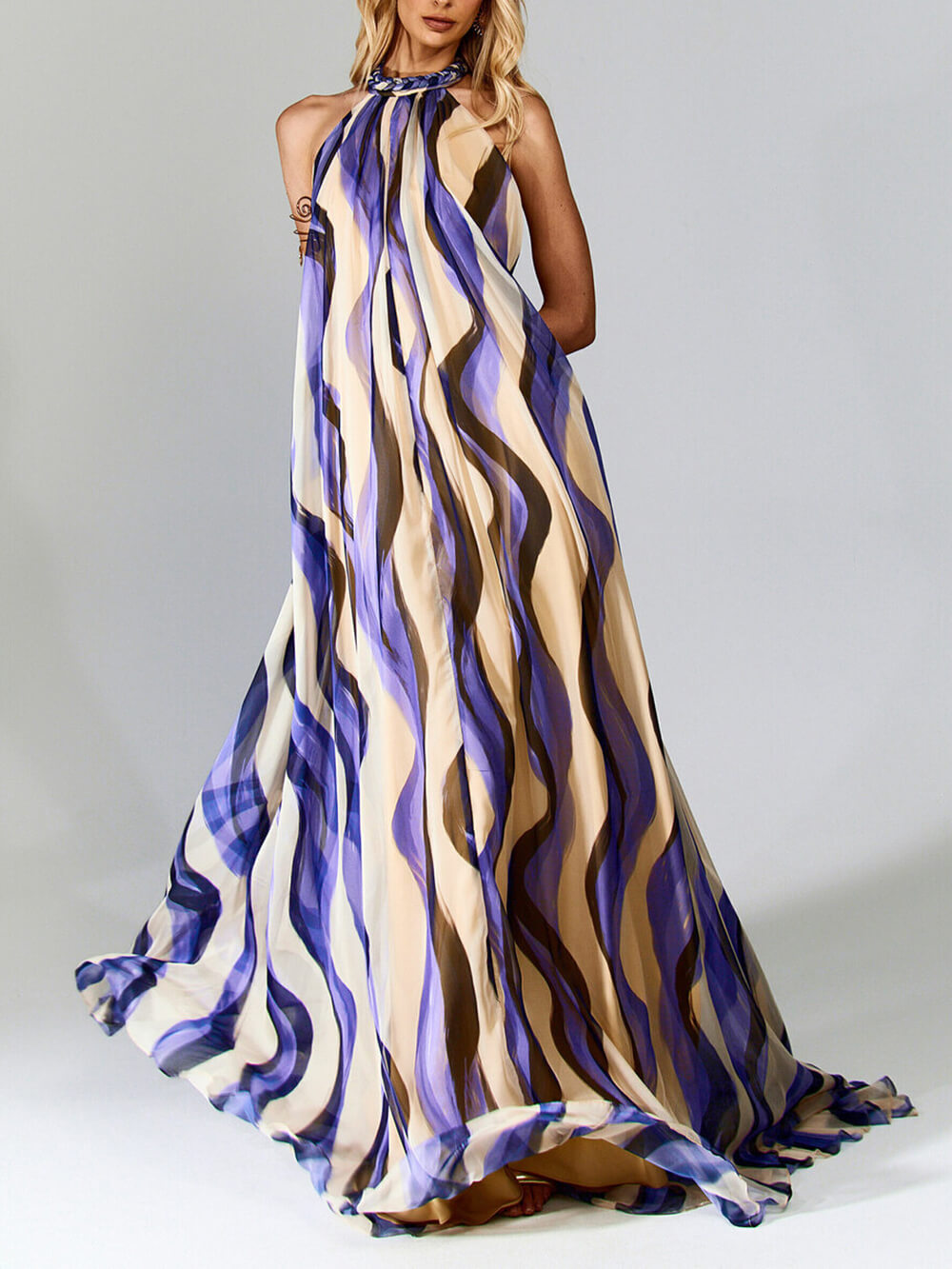Elegant Vibrant Print Woven-Detail Backless Maxi Dress Purple