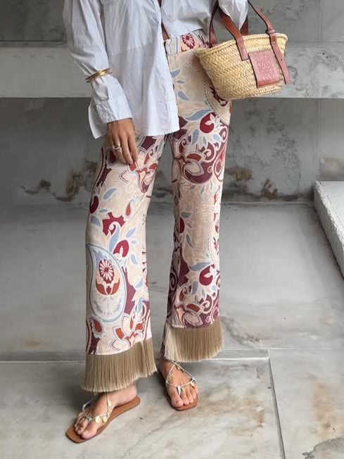 Bohemian Printed Fringe Hem Wide-Leg Pants Apricot