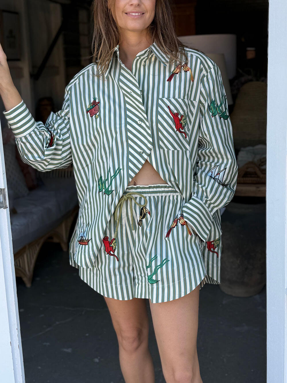 Unique Striped Print Button-Up Long-Sleeve Shirt and Elastic Waist Drawstring Shorts Set Green