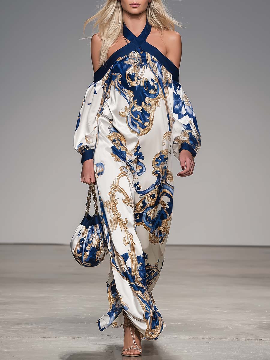 Retro Off-shoulder Printed Satin Maxi Dress Blue