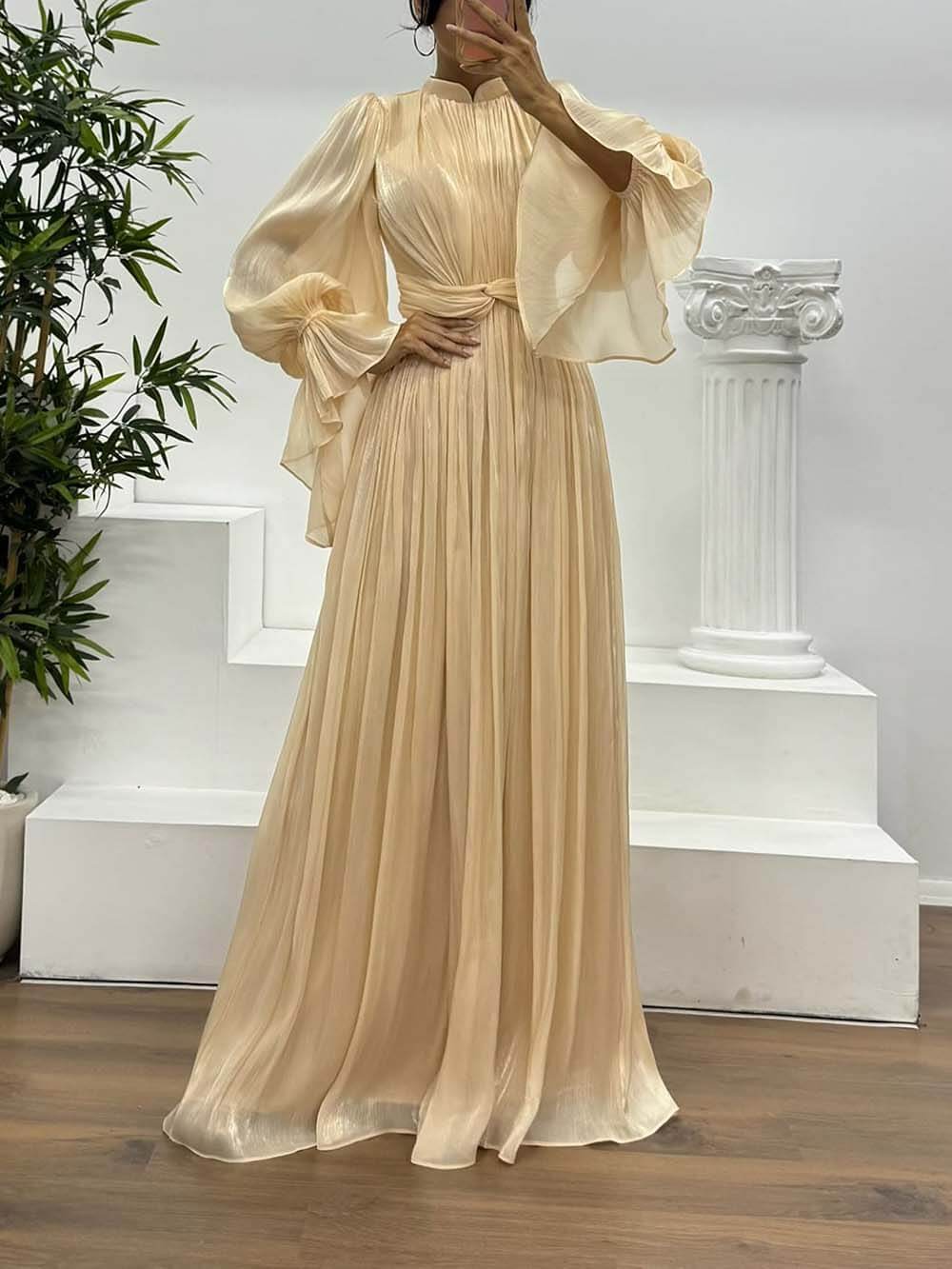 Fashionable Pleated Waist Long-Sleeved Chiffon Evening Maxi Dress Gold