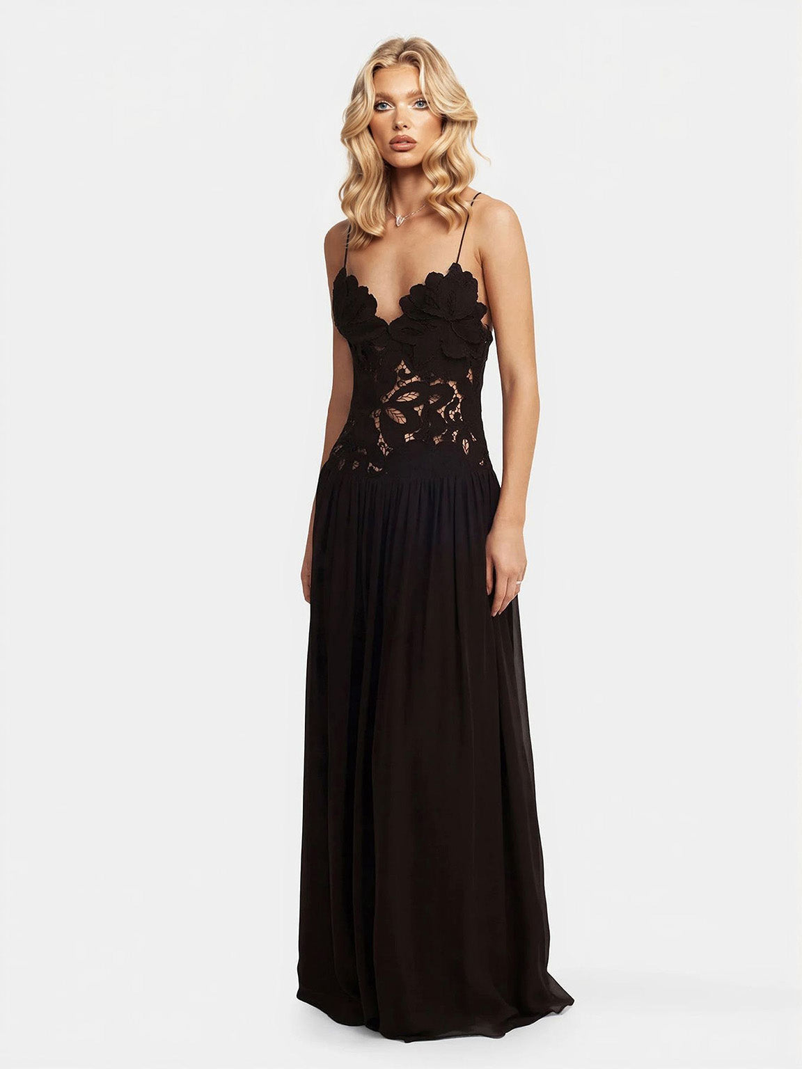 Elegant Lace Spaghetti Strap Floral Appliqu¨¦ Maxi Dress