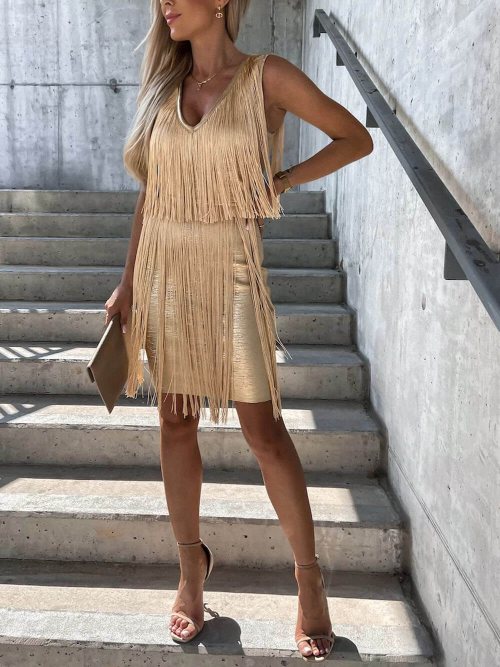 Sexy Slim Fit V-Neck Tassel Hip Mini Dress Gold
